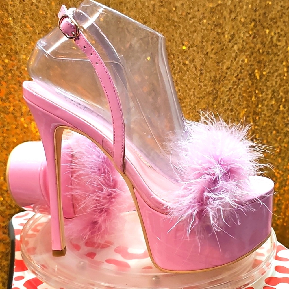 J Simmi London Pink Patent Heels US 7 Ivette Marabou Y2K Stiletto New w/o box